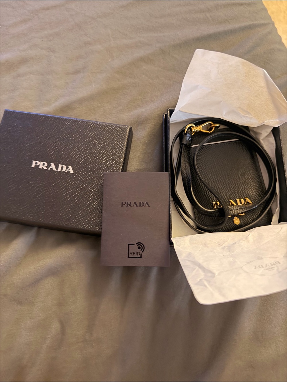 AUTHENTIC Prada Black Saffiano Leather Card Holder Crossbody with Gold Hardware